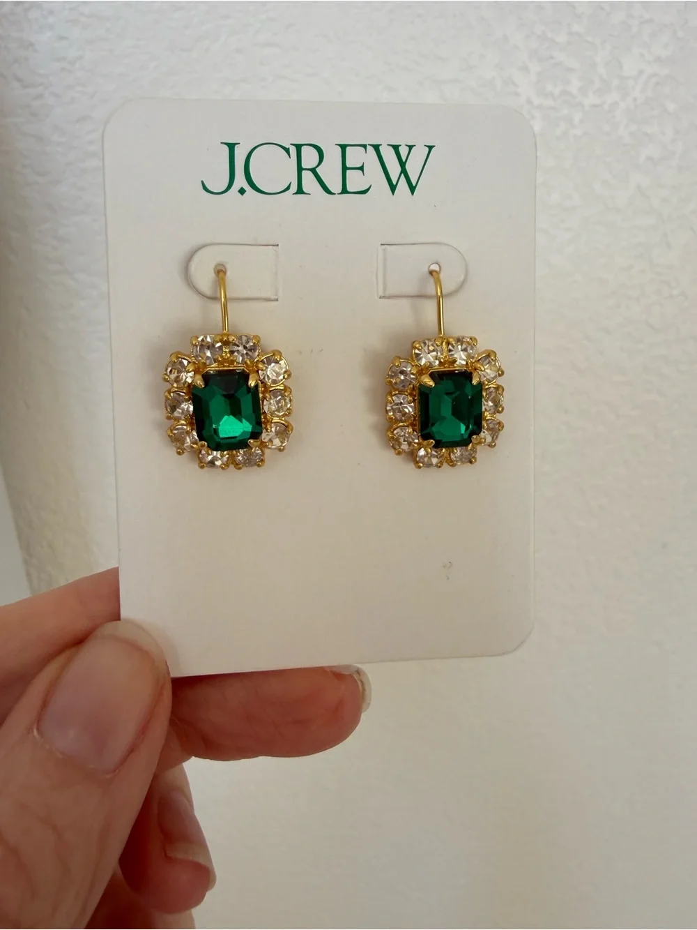 J. Crew Gold-Tone Earrings with Emerald Green and Clear Crystal Halo - Picture 3 of 5